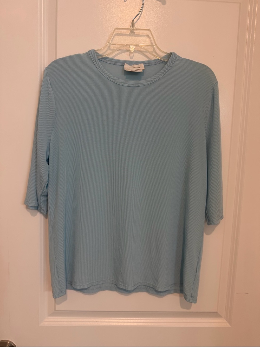 St. John XL Blue Ribbed Knit Stretch Top Elbow Sleeve Luxury Basic